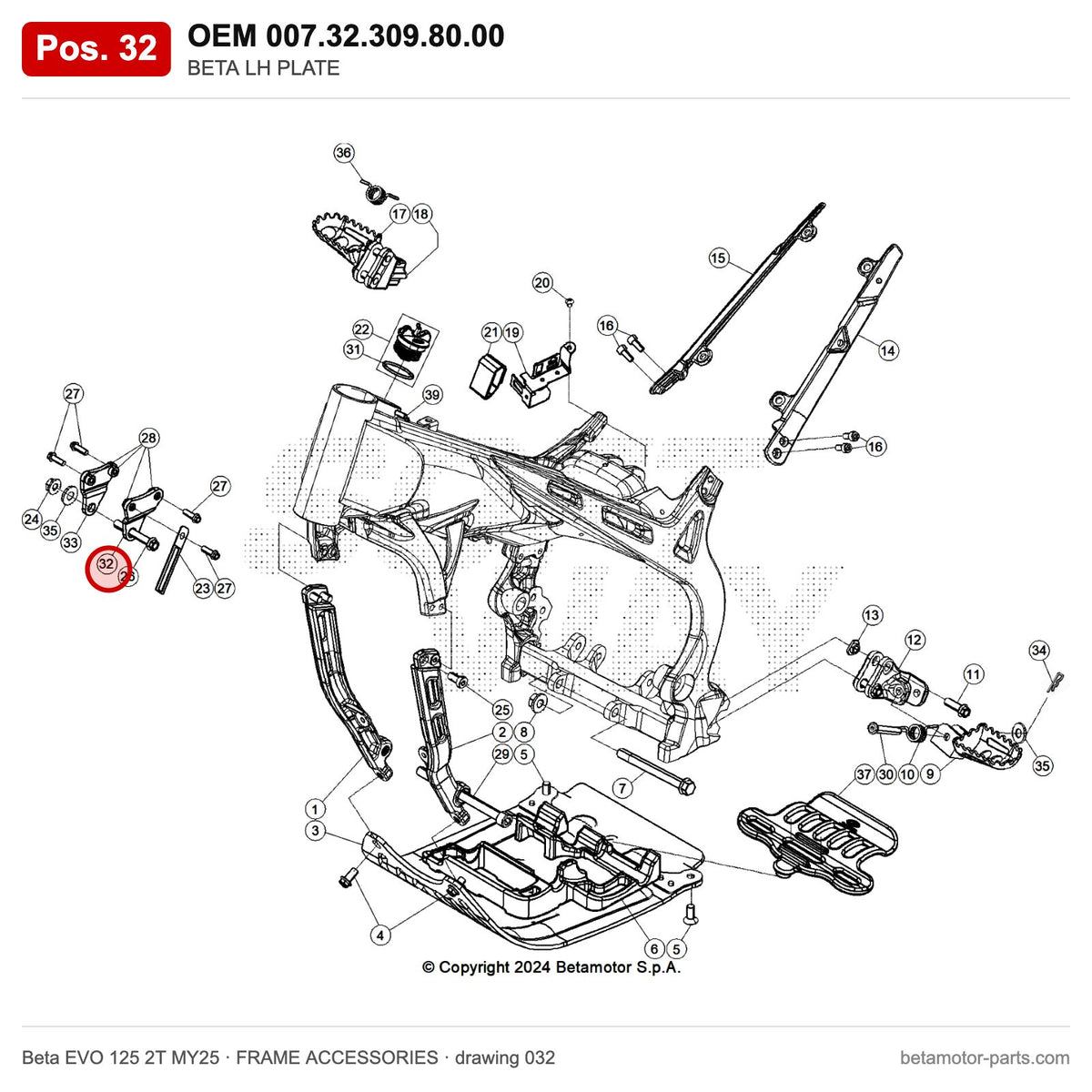 BETA LH PLATE – OEM 007.32.309.80.00, position 32 on the Beta EVO 125 2T MY25 frame accessories drawing