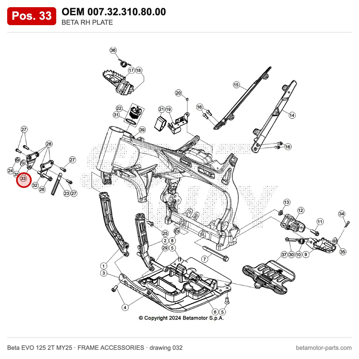 BETA RH PLATE – OEM 007.32.310.80.00, position 33 on the Beta EVO 125 2T MY25 frame accessories drawing