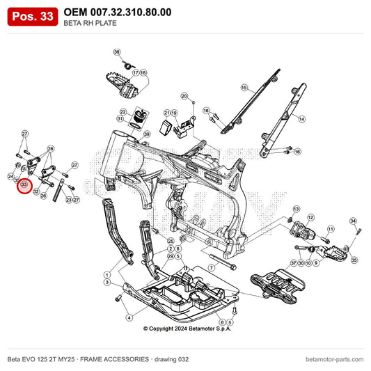 BETA RH PLATE – OEM 007.32.310.80.00, position 33 on the Beta EVO 125 2T MY25 frame accessories drawing