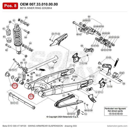 BETA INNER RING 22X28X4 – OEM 007.33.010.00.00, position 8 on the Beta EVO 300 4T MY25 swing arm/rear suspension drawing