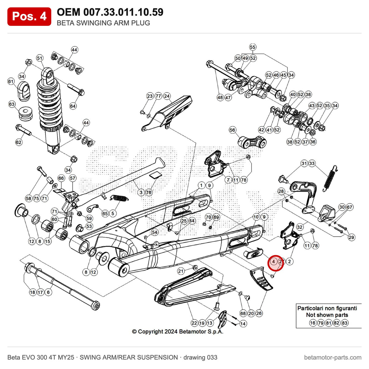 BETA SWINGING ARM PLUG – OEM 007.33.011.10.59, position 4 on the Beta EVO 300 4T MY25 swing arm/rear suspension drawing