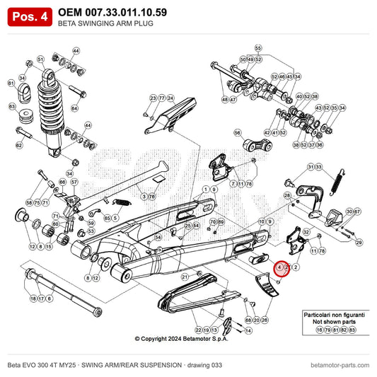 BETA SWINGING ARM PLUG – OEM 007.33.011.10.59, position 4 on the Beta EVO 300 4T MY25 swing arm/rear suspension drawing