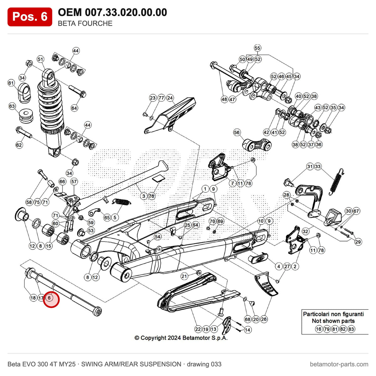 BETA FOURCHE – OEM 007.33.020.00.00, position 6 on the Beta EVO 300 4T MY25 swing arm/rear suspension drawing