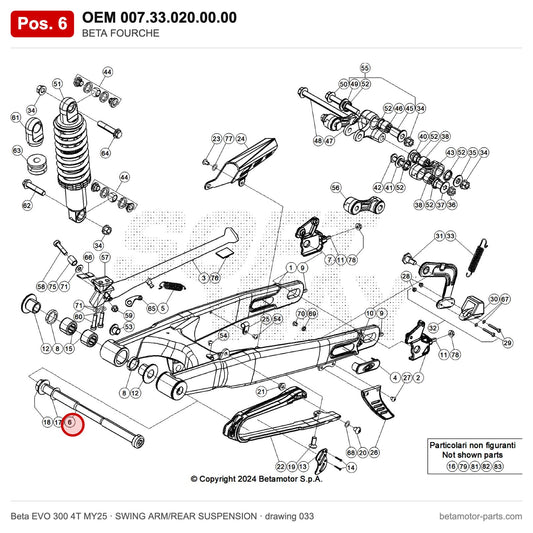 BETA FOURCHE – OEM 007.33.020.00.00, position 6 on the Beta EVO 300 4T MY25 swing arm/rear suspension drawing