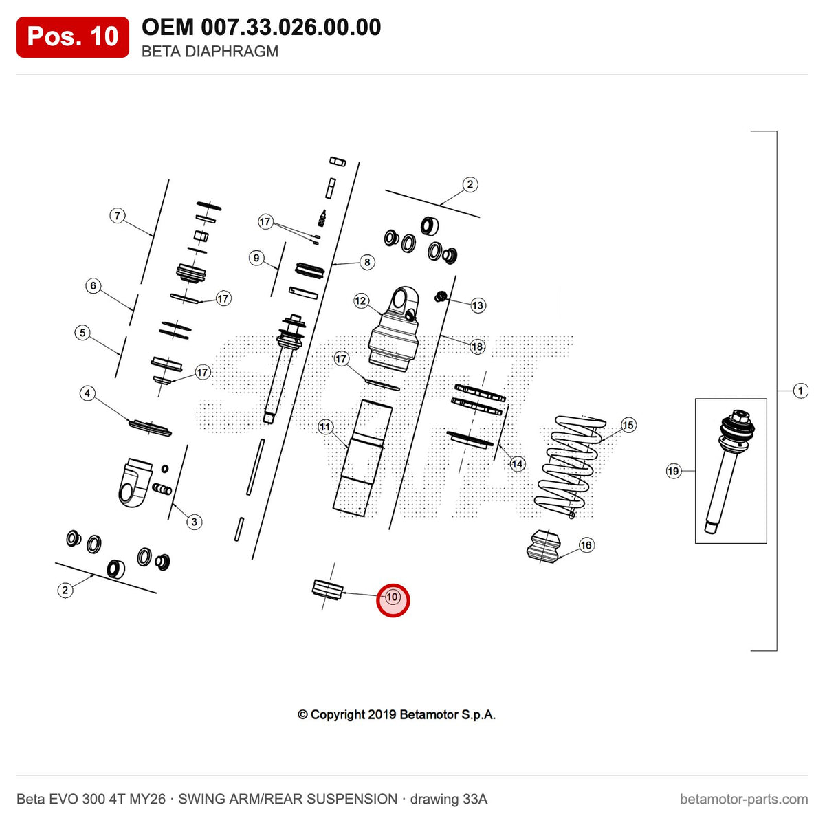 BETA DIAPHRAGM – OEM 007.33.026.00.00, position 10 on the Beta EVO 300 4T MY26 swing arm/rear suspension drawing