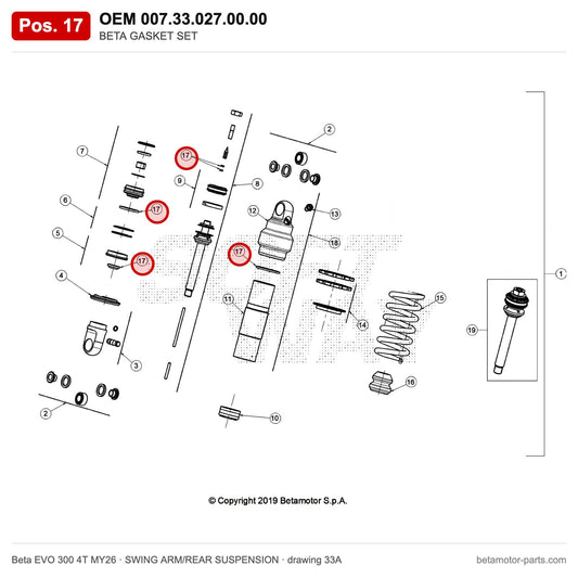 BETA GASKET SET – OEM 007.33.027.00.00, position 17 on the Beta EVO 300 4T MY26 swing arm/rear suspension drawing
