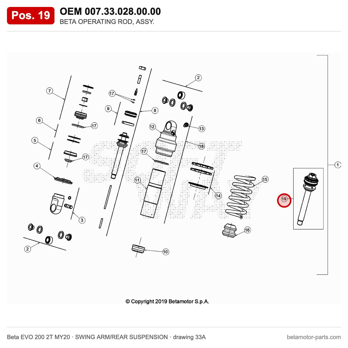 BETA OPERATING ROD, ASSY. – OEM 007.33.028.00.00, position 19 on the Beta EVO 200 2T MY20 swing arm/rear suspension drawing