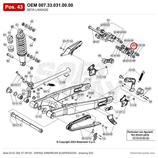 BETA LINKAGE – OEM 007.33.031.00.00, position 43 on the Beta EVO 300 4T MY25 swing arm/rear suspension drawing