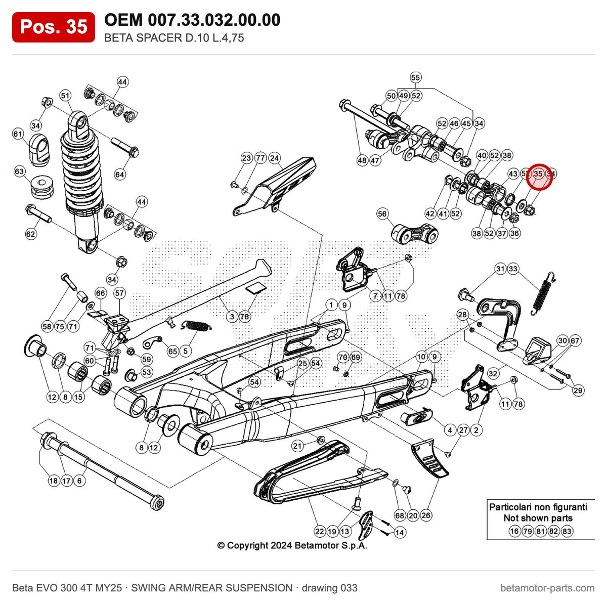BETA SPACER D.10 L.4,75 – OEM 007.33.032.00.00, position 35 on the Beta EVO 300 4T MY25 swing arm/rear suspension drawing