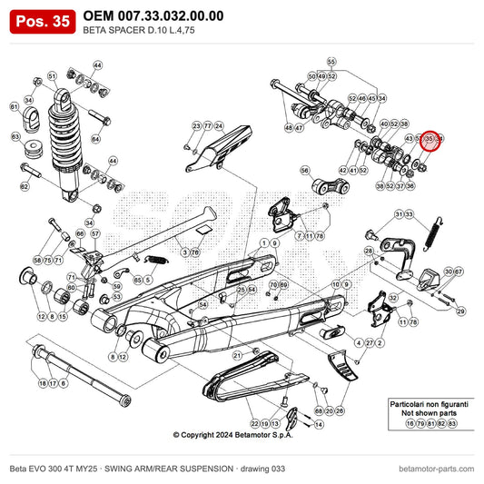 BETA SPACER D.10 L.4,75 – OEM 007.33.032.00.00, position 35 on the Beta EVO 300 4T MY25 swing arm/rear suspension drawing