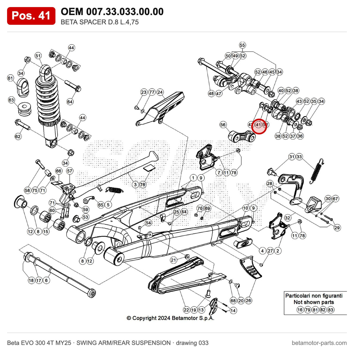 BETA SPACER D.8 L.4,75 – OEM 007.33.033.00.00, position 41 on the Beta EVO 300 4T MY25 swing arm/rear suspension drawing