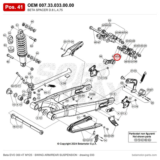 BETA SPACER D.8 L.4,75 – OEM 007.33.033.00.00, position 41 on the Beta EVO 300 4T MY25 swing arm/rear suspension drawing