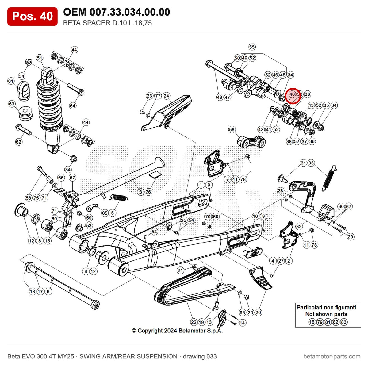BETA SPACER D.10 L.18,75 – OEM 007.33.034.00.00, position 40 on the Beta EVO 300 4T MY25 swing arm/rear suspension drawing