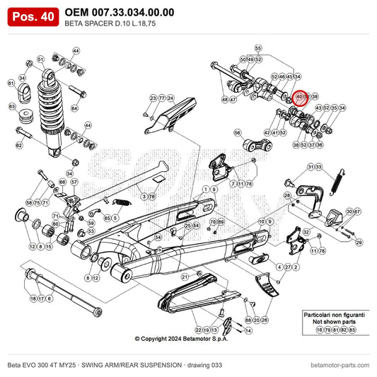 BETA SPACER D.10 L.18,75 – OEM 007.33.034.00.00, position 40 on the Beta EVO 300 4T MY25 swing arm/rear suspension drawing