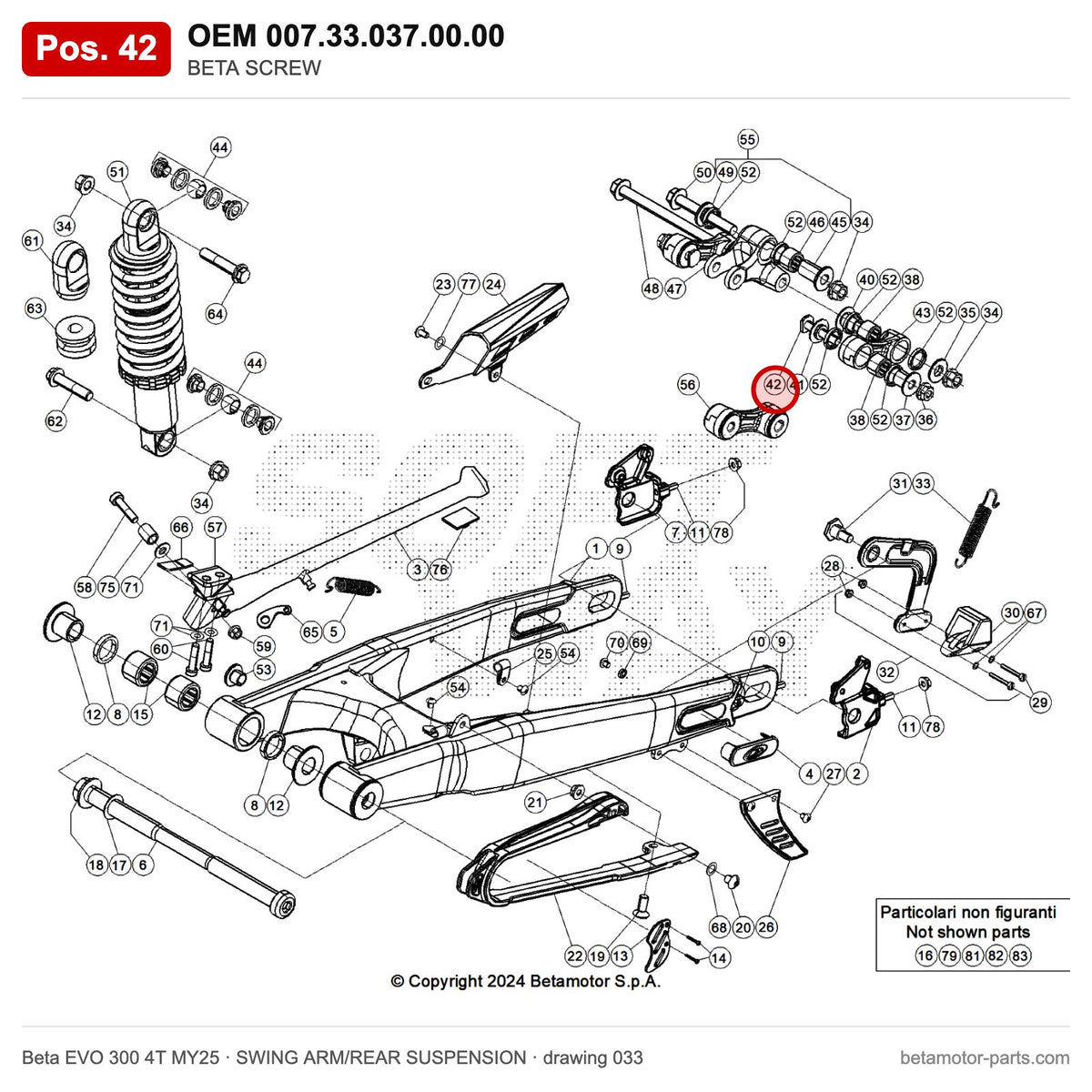 BETA SCREW – OEM 007.33.037.00.00, position 42 on the Beta EVO 300 4T MY25 swing arm/rear suspension drawing