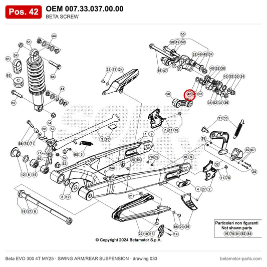 BETA SCREW – OEM 007.33.037.00.00, position 42 on the Beta EVO 300 4T MY25 swing arm/rear suspension drawing