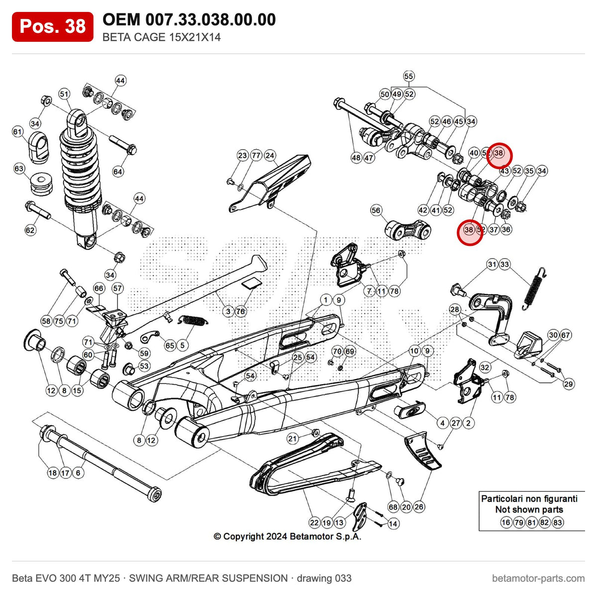 BETA CAGE 15X21X14 – OEM 007.33.038.00.00, position 38 on the Beta EVO 300 4T MY25 swing arm/rear suspension drawing