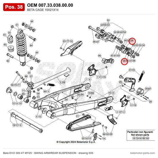 BETA CAGE 15X21X14 – OEM 007.33.038.00.00, position 38 on the Beta EVO 300 4T MY25 swing arm/rear suspension drawing