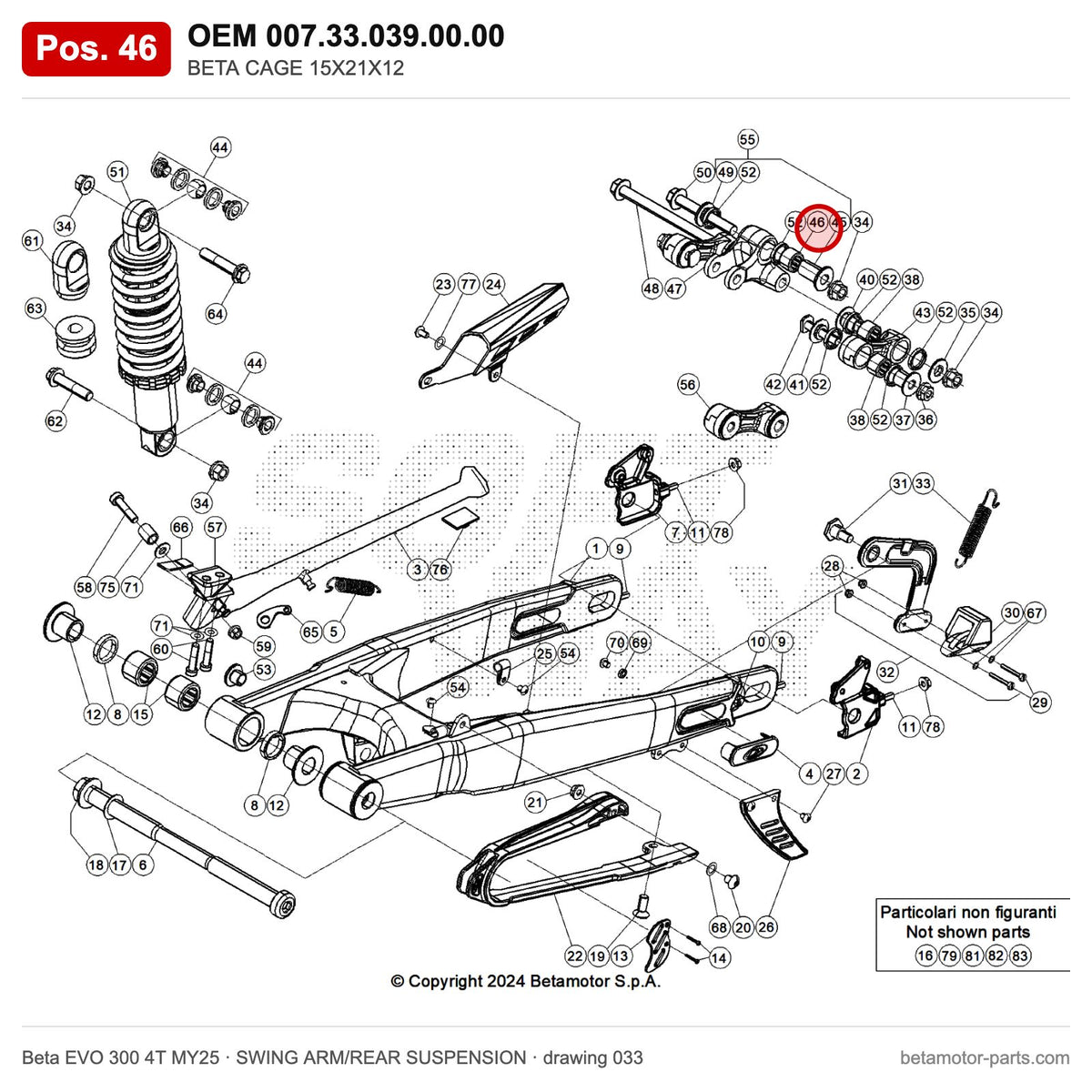 BETA CAGE 15X21X12 – OEM 007.33.039.00.00, position 46 on the Beta EVO 300 4T MY25 swing arm/rear suspension drawing