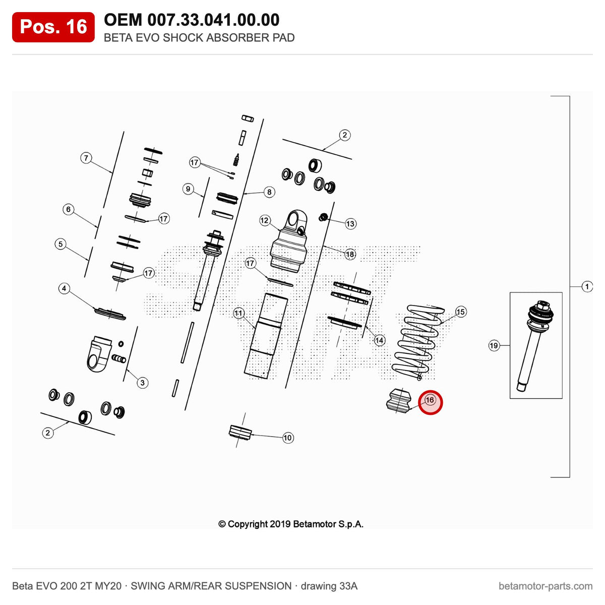 BETA EVO SHOCK ABSORBER PAD – OEM 007.33.041.00.00, position 16 on the Beta EVO 200 2T MY20 swing arm/rear suspension drawing