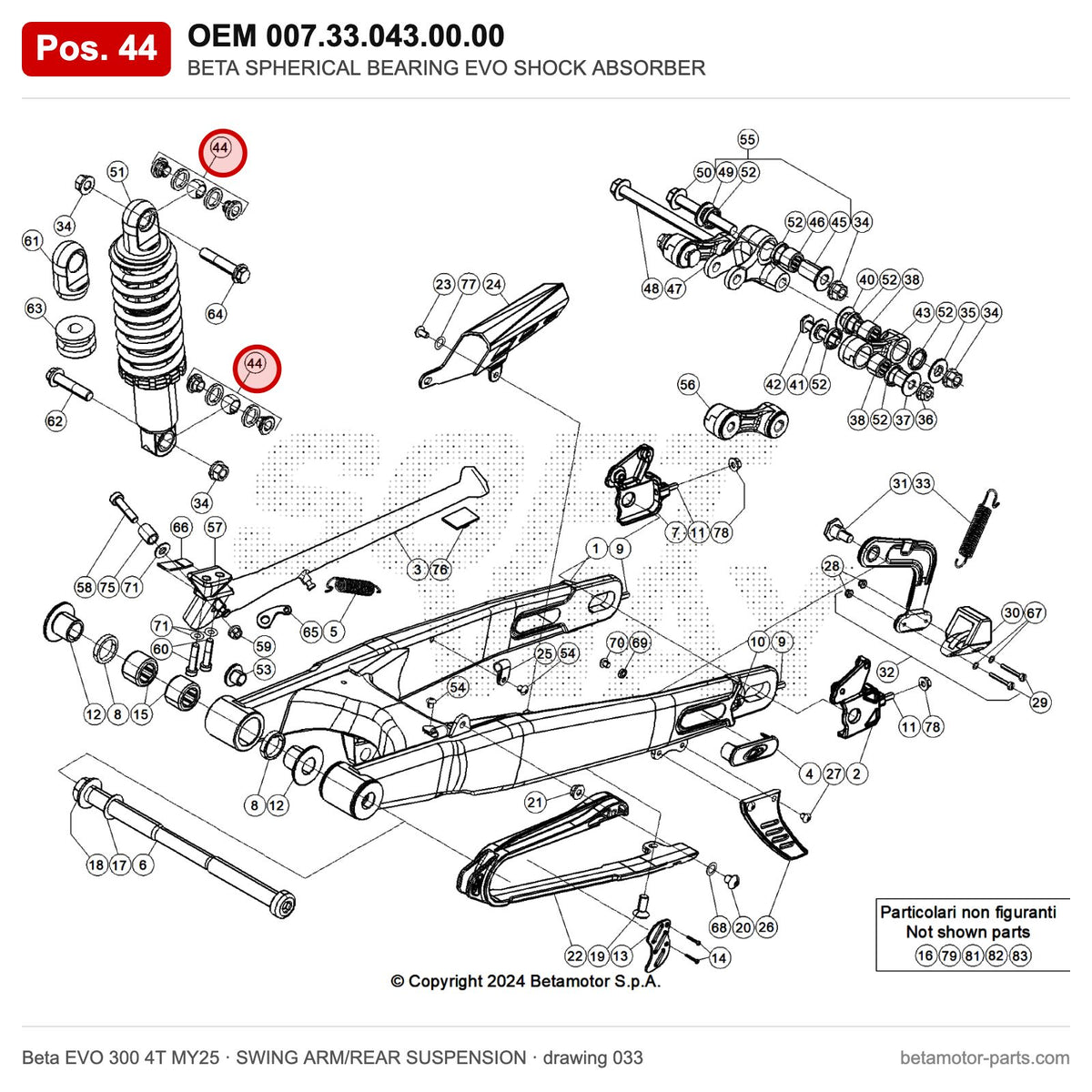 BETA SPHERICAL BEARING EVO SHOCK ABSORBER – OEM 007.33.043.00.00, position 44 on the Beta EVO 300 4T MY25 swing arm/rear suspension drawing
