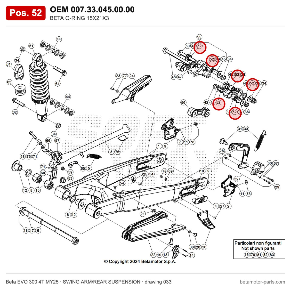 BETA O-RING 15X21X3 – OEM 007.33.045.00.00, position 52 on the Beta EVO 300 4T MY25 swing arm/rear suspension drawing