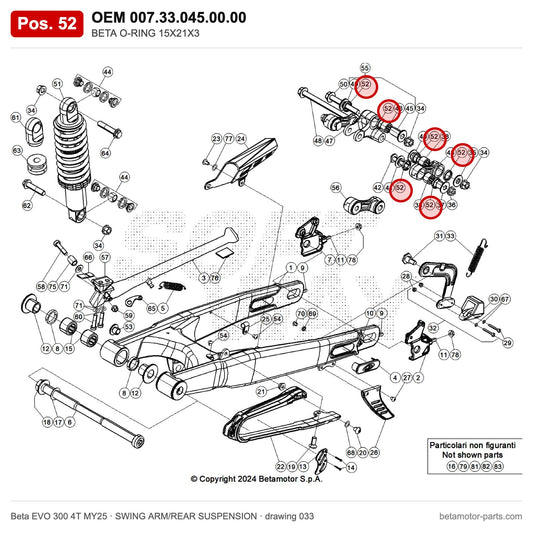 BETA O-RING 15X21X3 – OEM 007.33.045.00.00, position 52 on the Beta EVO 300 4T MY25 swing arm/rear suspension drawing
