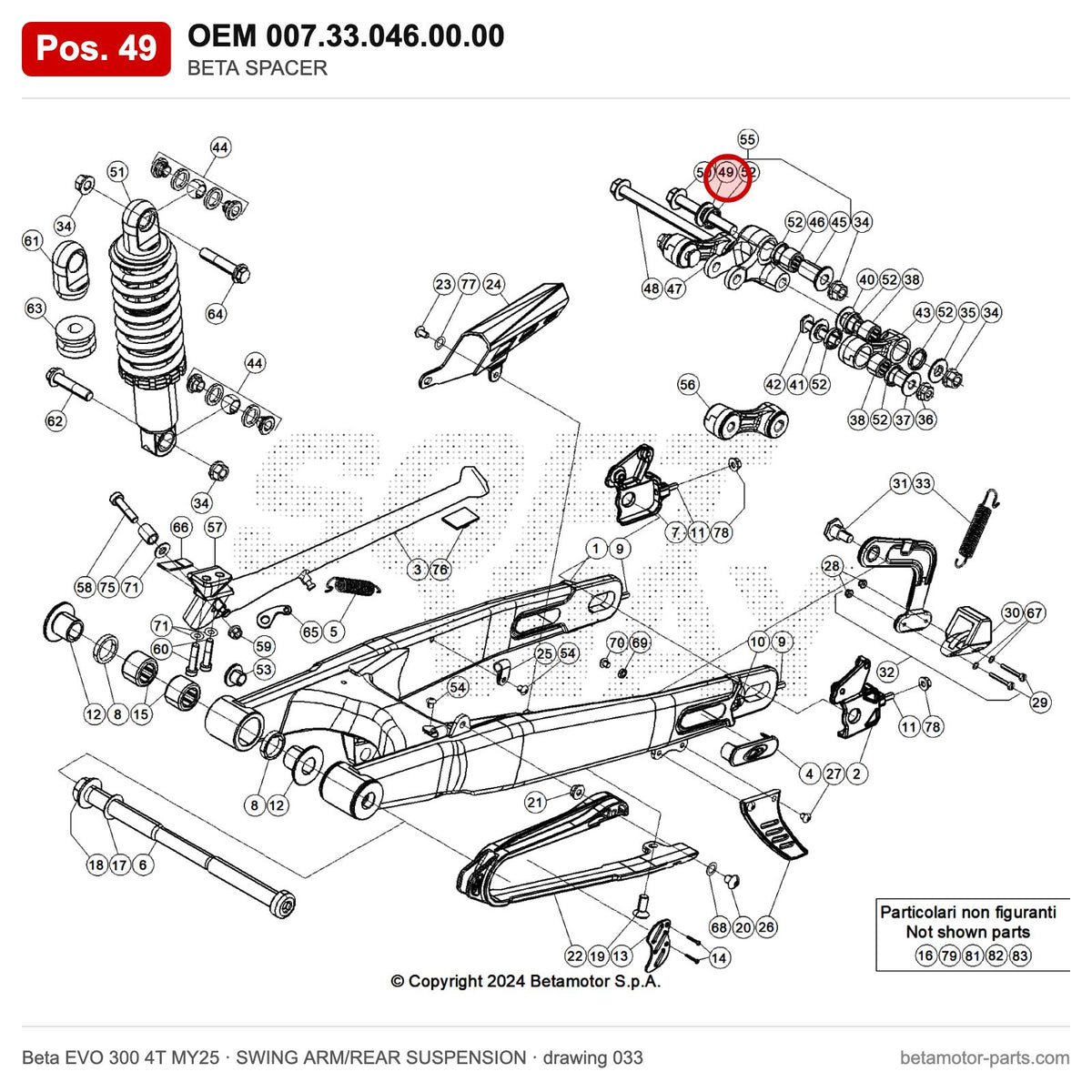 BETA SPACER – OEM 007.33.046.00.00, position 49 on the Beta EVO 300 4T MY25 swing arm/rear suspension drawing