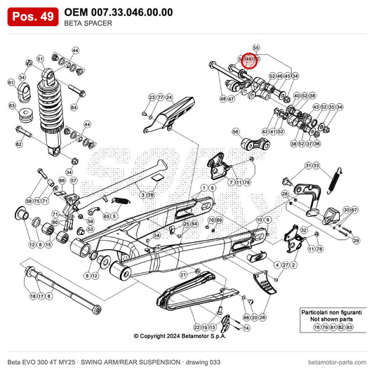 BETA SPACER – OEM 007.33.046.00.00, position 49 on the Beta EVO 300 4T MY25 swing arm/rear suspension drawing