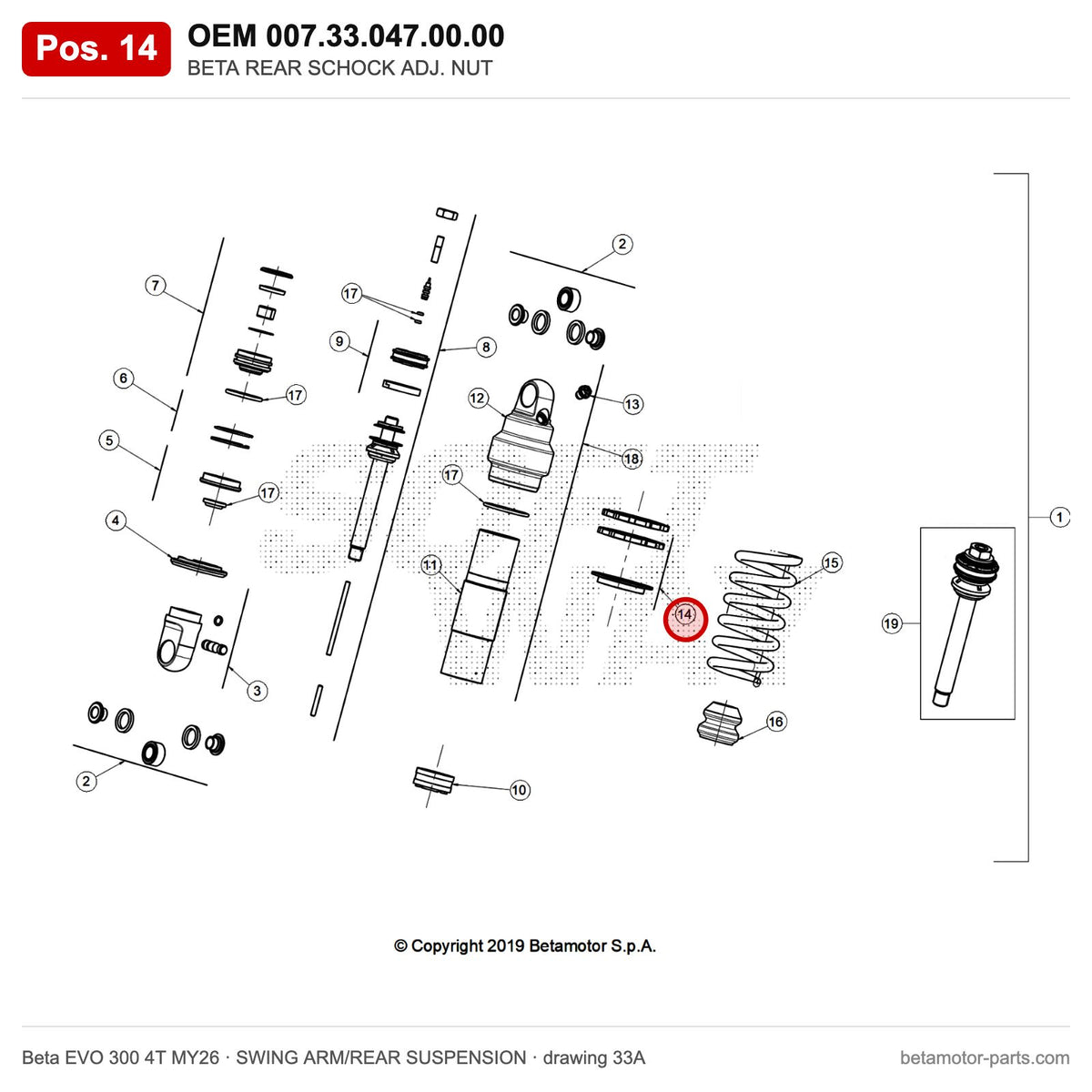 BETA REAR SCHOCK ADJ. NUT – OEM 007.33.047.00.00, position 14 on the Beta EVO 300 4T MY26 swing arm/rear suspension drawing