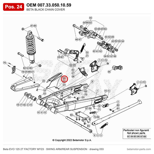 BETA BLACK CHAIN COVER – OEM 007.33.050.10.59, position 24 on the Beta EVO 125 2T FACTORY MY23 swing arm/rear suspension drawing