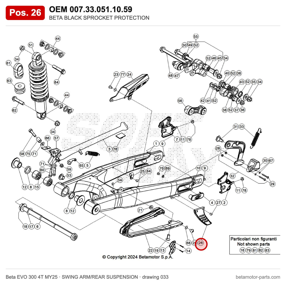 BETA BLACK SPROCKET PROTECTION – OEM 007.33.051.10.59, position 26 on the Beta EVO 300 4T MY25 swing arm/rear suspension drawing