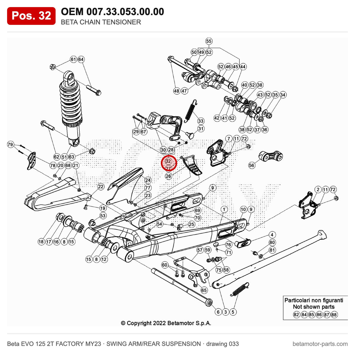 BETA CHAIN TENSIONER – OEM 007.33.053.00.00, position 32 on the Beta EVO 125 2T FACTORY MY23 swing arm/rear suspension drawing
