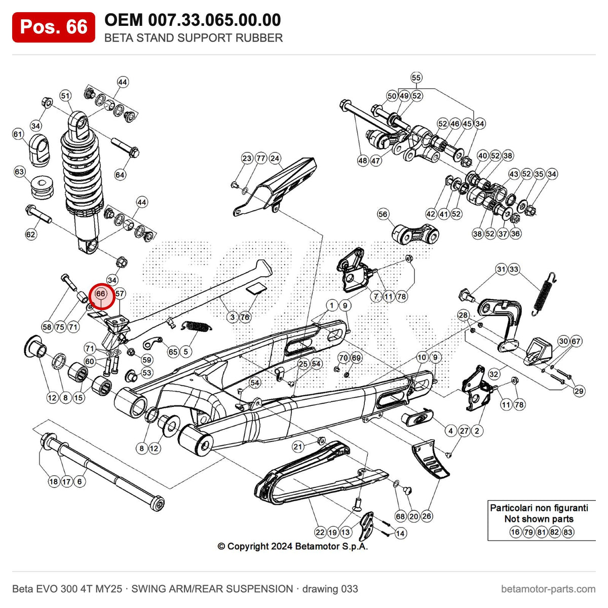 BETA STAND SUPPORT RUBBER – OEM 007.33.065.00.00, position 66 on the Beta EVO 300 4T MY25 swing arm/rear suspension drawing