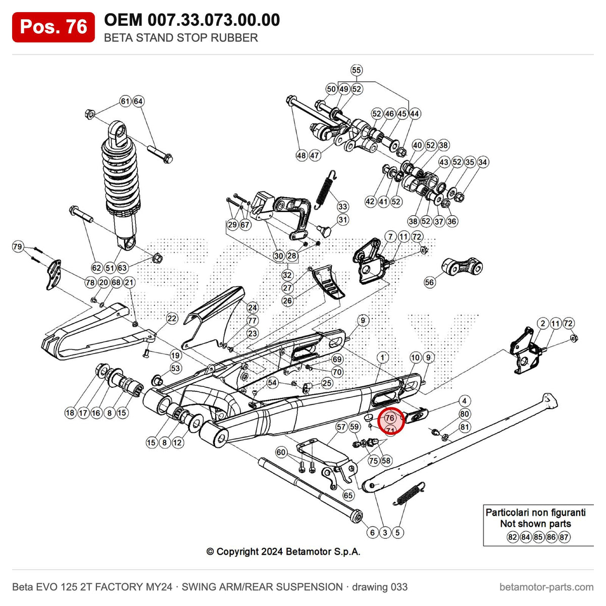 BETA STAND STOP RUBBER – OEM 007.33.073.00.00, position 76 on the Beta EVO 125 2T FACTORY MY24 swing arm/rear suspension drawing