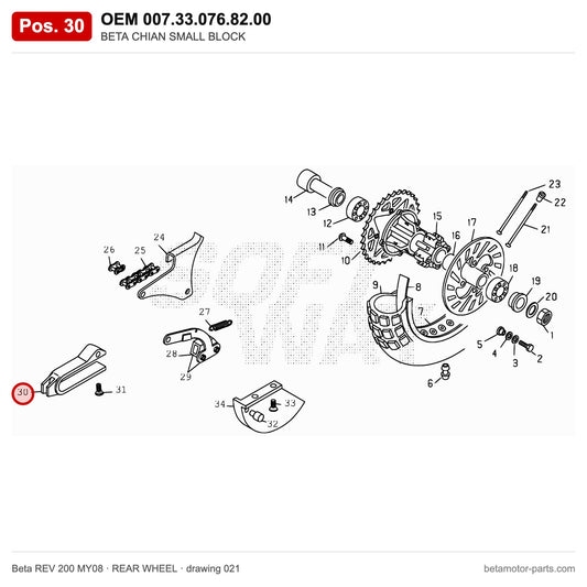 BETA CHIAN SMALL BLOCK – OEM 007.33.076.82.00, position 30 on the Beta REV 200 MY08 rear wheel drawing