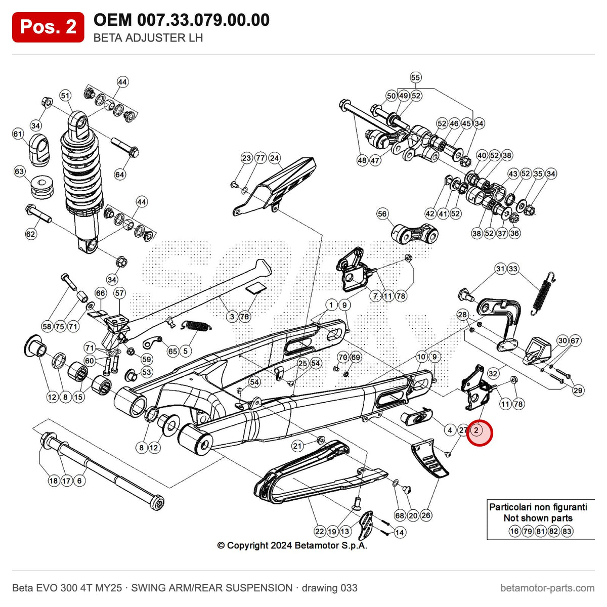BETA ADJUSTER LH – OEM 007.33.079.00.00, position 2 on the Beta EVO 300 4T MY25 swing arm/rear suspension drawing