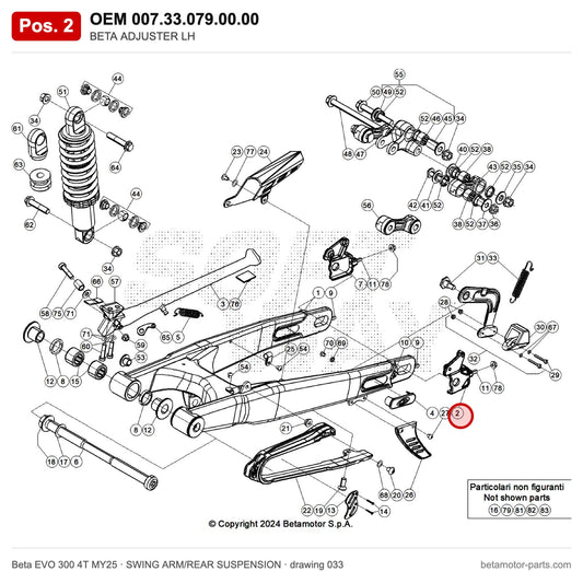 BETA ADJUSTER LH – OEM 007.33.079.00.00, position 2 on the Beta EVO 300 4T MY25 swing arm/rear suspension drawing