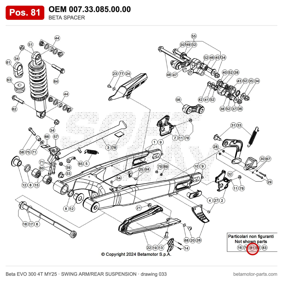 BETA SPACER – OEM 007.33.085.00.00, position 81 on the Beta EVO 300 4T MY25 swing arm/rear suspension drawing