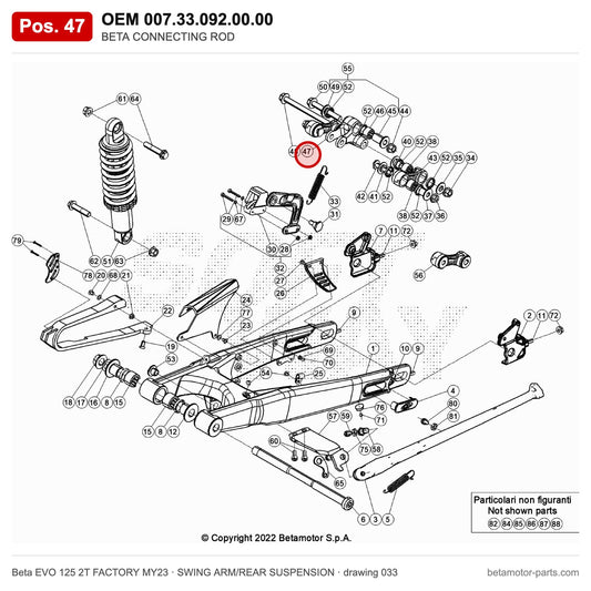 BETA CONNECTING ROD – OEM 007.33.092.00.00, position 47 on the Beta EVO 125 2T FACTORY MY23 swing arm/rear suspension drawing