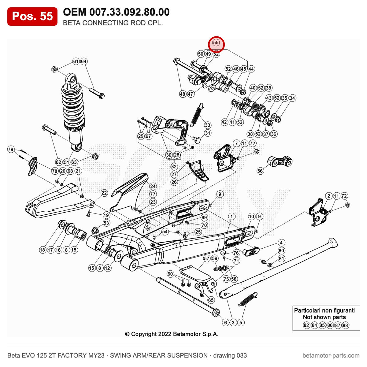 BETA CONNECTING ROD CPL. – OEM 007.33.092.80.00, position 55 on the Beta EVO 125 2T FACTORY MY23 swing arm/rear suspension drawing