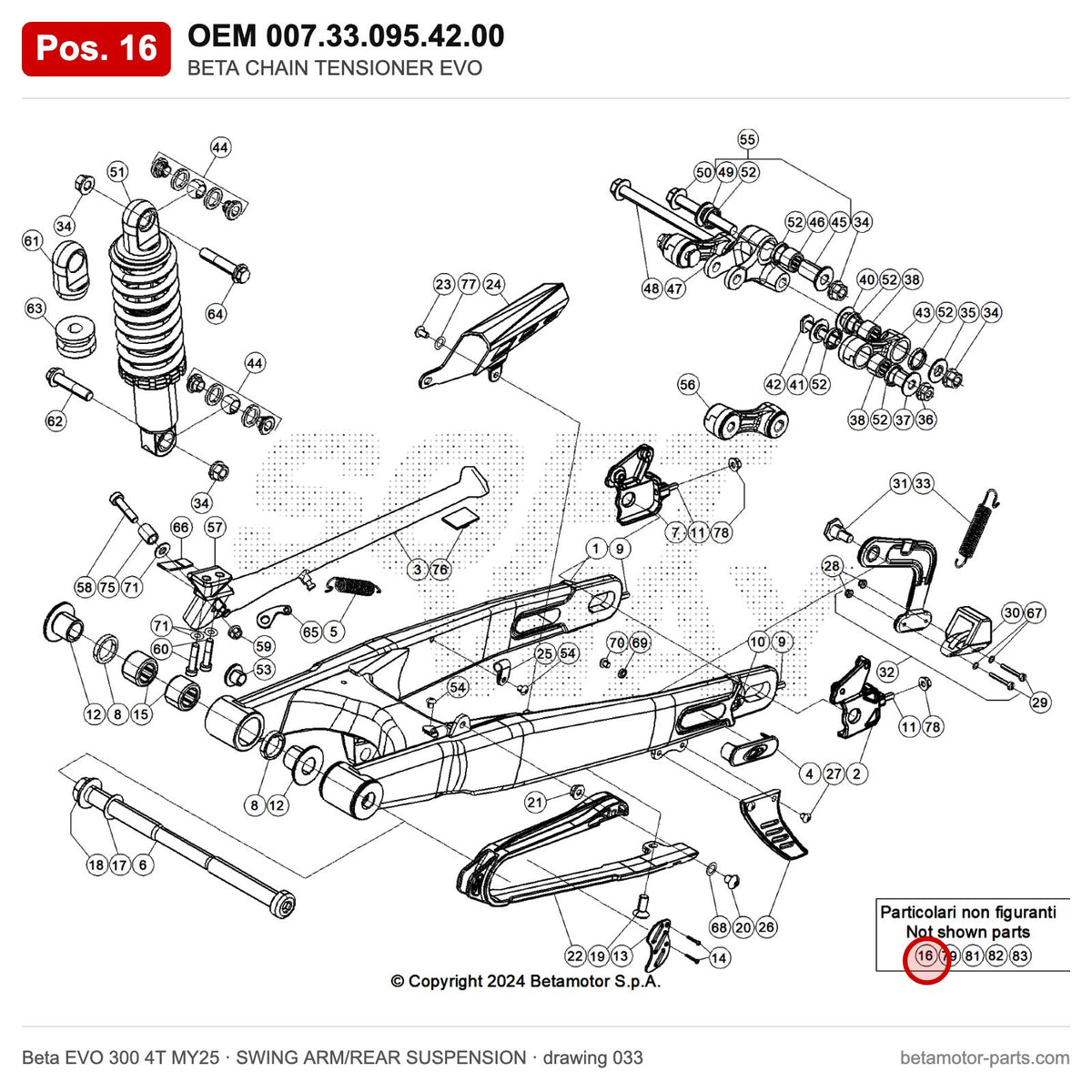 BETA CHAIN TENSIONER EVO – OEM 007.33.095.42.00, position 16 on the Beta EVO 300 4T MY25 swing arm/rear suspension drawing