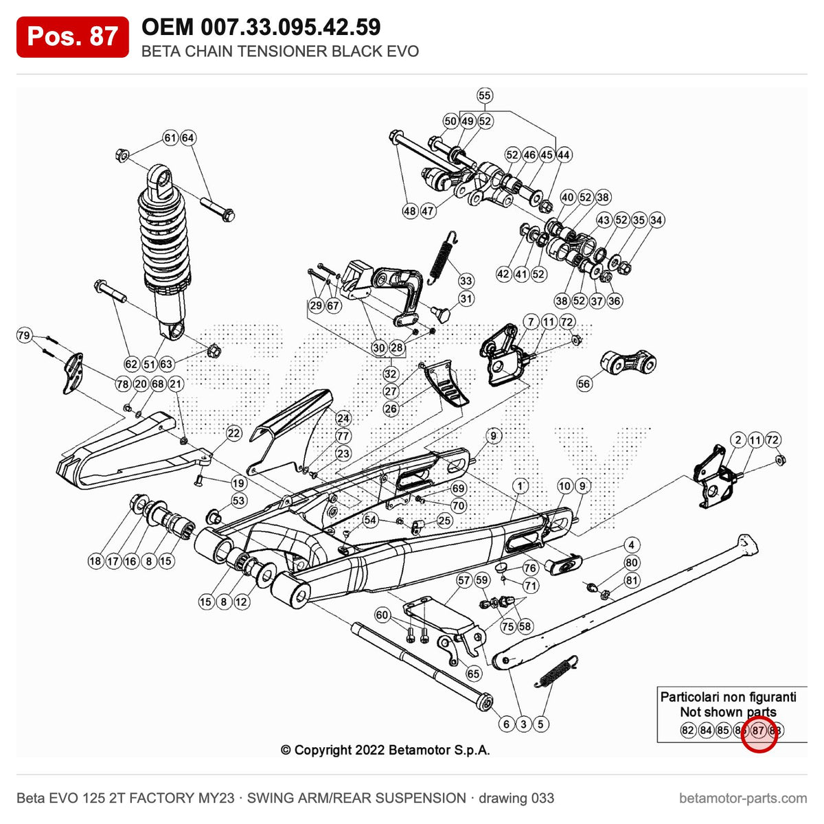 BETA CHAIN TENSIONER BLACK EVO – OEM 007.33.095.42.59, position 87 on the Beta EVO 125 2T FACTORY MY23 swing arm/rear suspension drawing