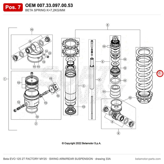 BETA SPRING K=7,2KG/MM – OEM 007.33.097.00.53, position 7 on the Beta EVO 125 2T FACTORY MY25 swing arm/rear suspension drawing