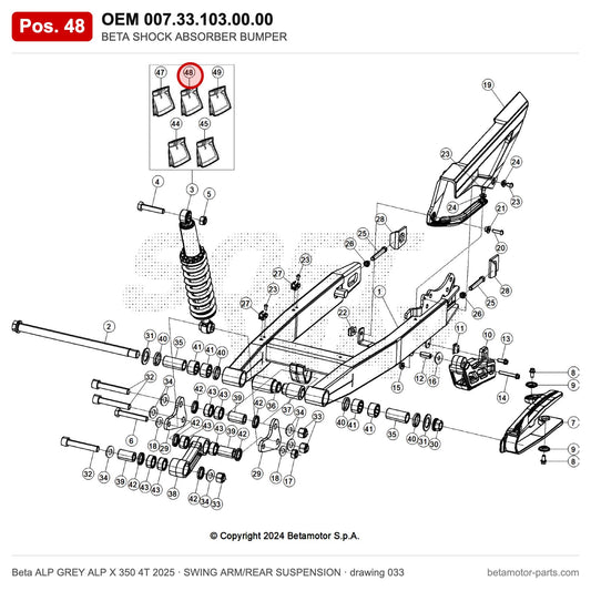 BETA SHOCK ABSORBER BUMPER – OEM 007.33.103.00.00, position 48 on the Beta ALP GREY ALP X 350 4T 2025 swing arm/rear suspension drawing