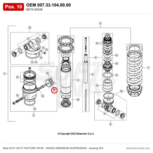 BETA KNOB – OEM 007.33.104.00.00, position 10 on the Beta EVO 125 2T FACTORY MY25 swing arm/rear suspension drawing