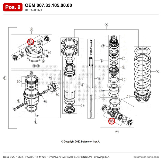 BETA JOINT – OEM 007.33.105.00.00, position 9 on the Beta EVO 125 2T FACTORY MY25 swing arm/rear suspension drawing