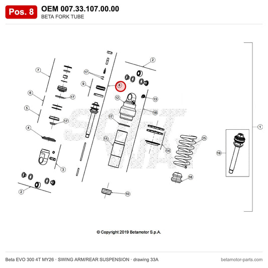 BETA FORK TUBE – OEM 007.33.107.00.00, position 8 on the Beta EVO 300 4T MY26 swing arm/rear suspension drawing
