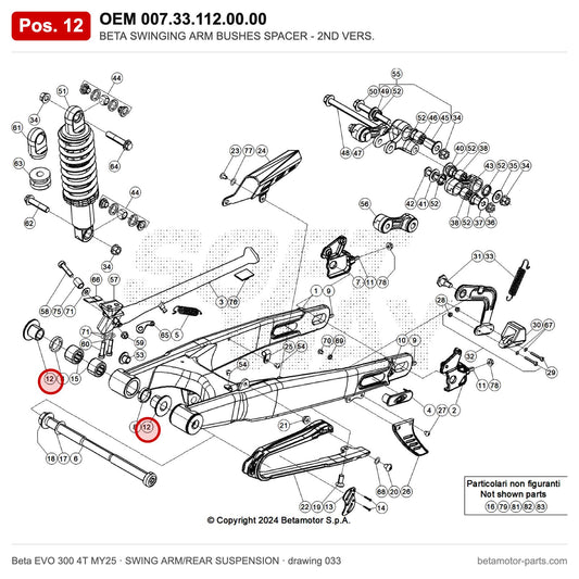 BETA SWINGING ARM BUSHES SPACER - 2ND VERS. – OEM 007.33.112.00.00, position 12 on the Beta EVO 300 4T MY25 swing arm/rear suspension drawing