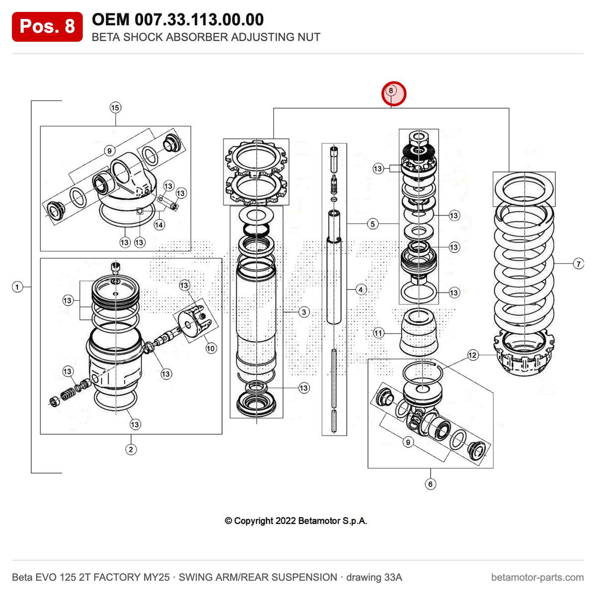 BETA SHOCK ABSORBER ADJUSTING NUT – OEM 007.33.113.00.00, position 8 on the Beta EVO 125 2T FACTORY MY25 swing arm/rear suspension drawing